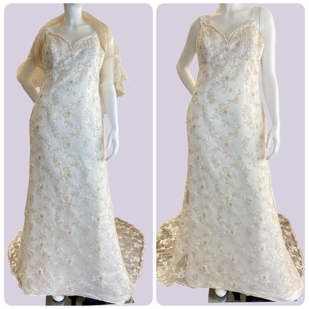 Vintage Oleg Cassini Wedding Dress CV132 Ivory Lace Beaded Empire Waist Gown 14